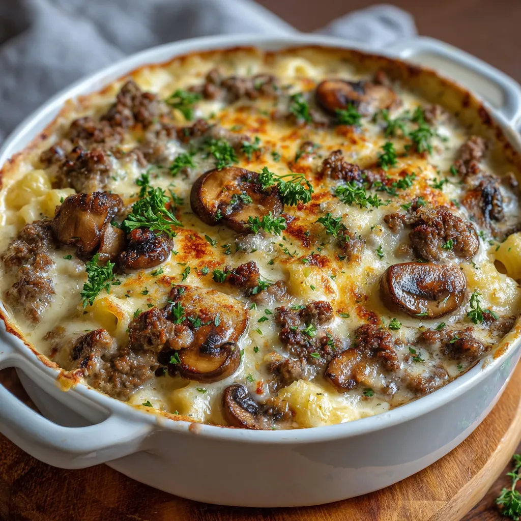 Gratin crémeux aux champignons et au bœuf haché doré au four dans un plat blanc