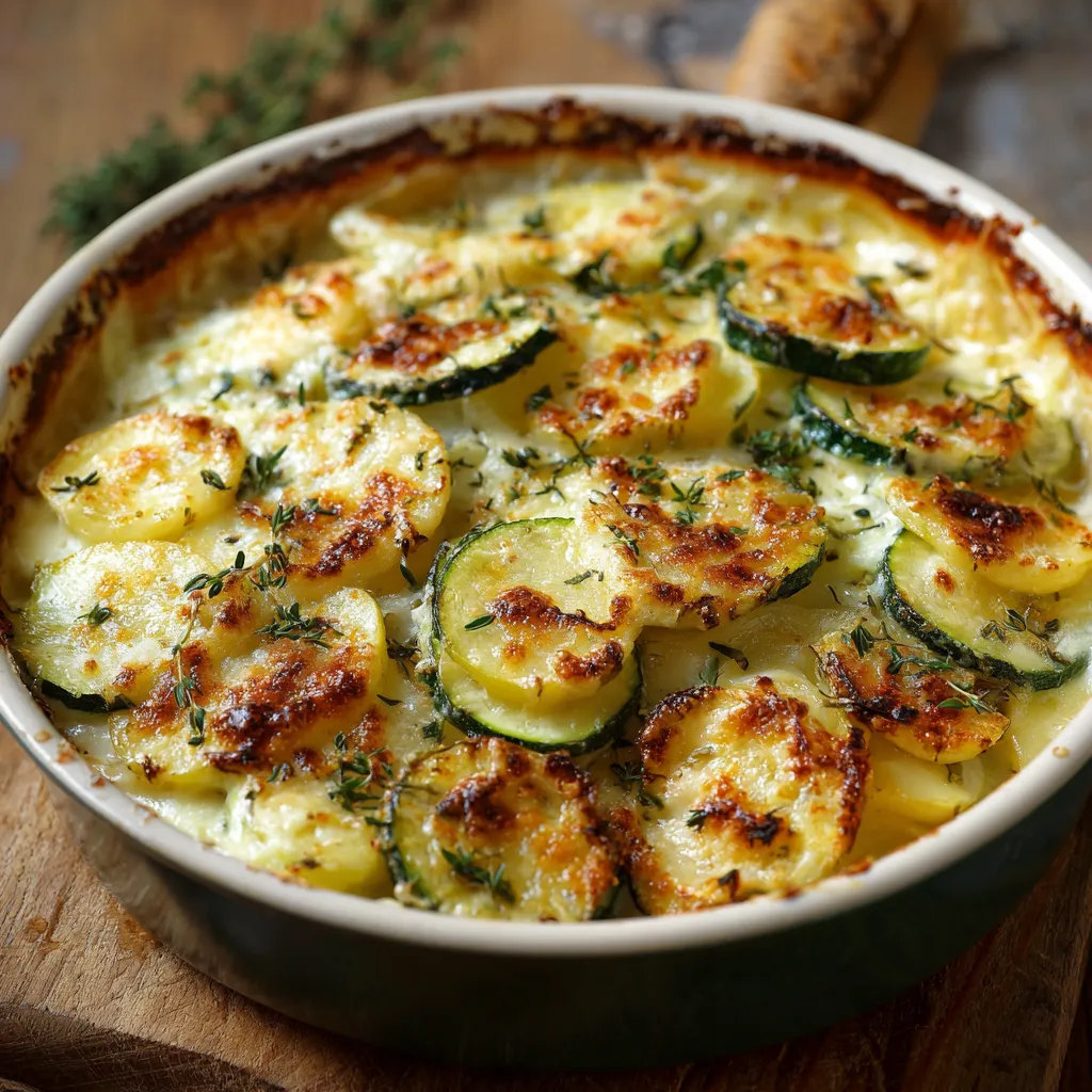 Gratin fondant à la courgette maison doré et crémeux dans un plat à gratin