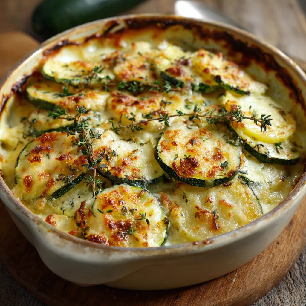 Gratin fondant à la courgette maison doré et crémeux dans un plat à gratin