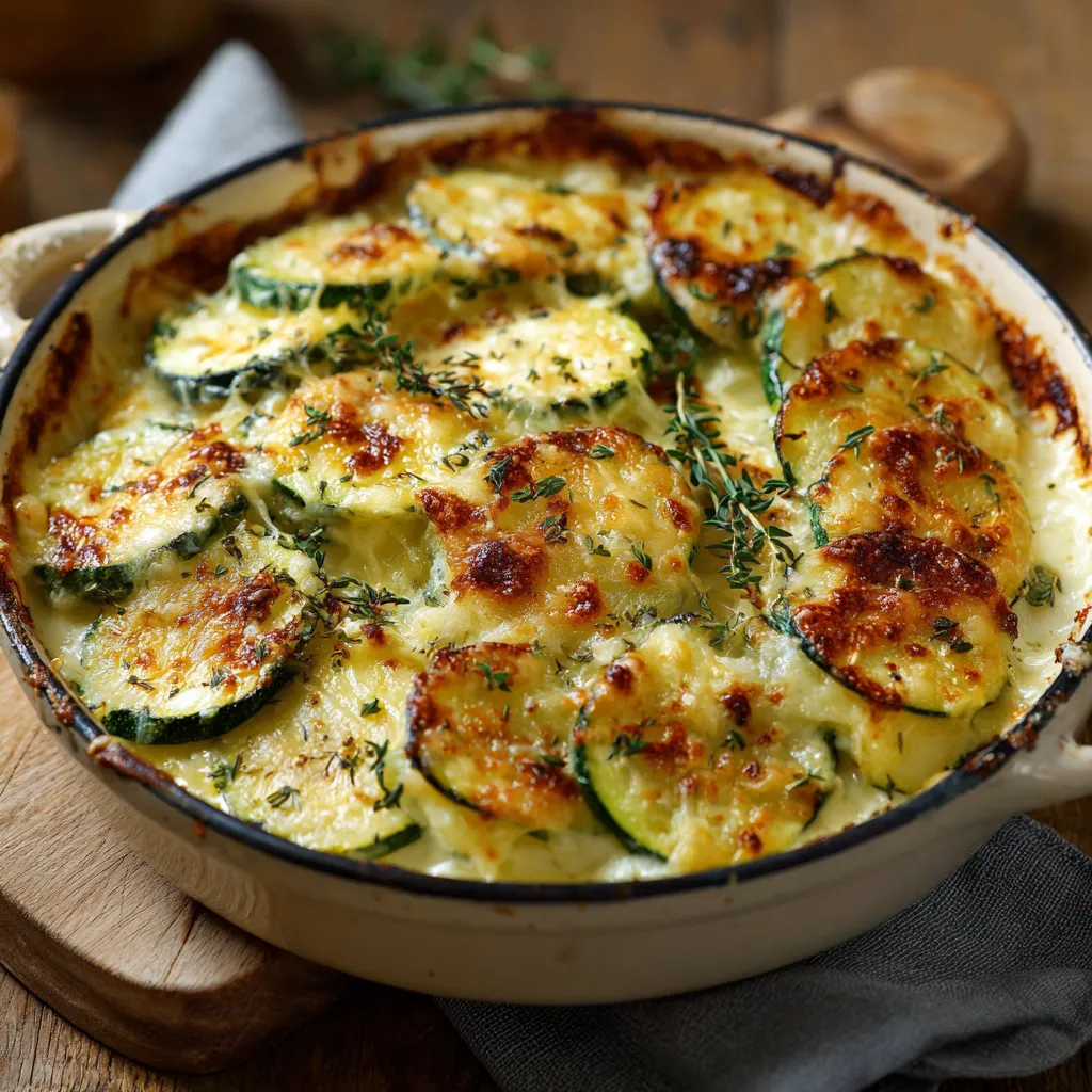 Gratin fondant à la courgette maison doré et crémeux dans un plat à gratin