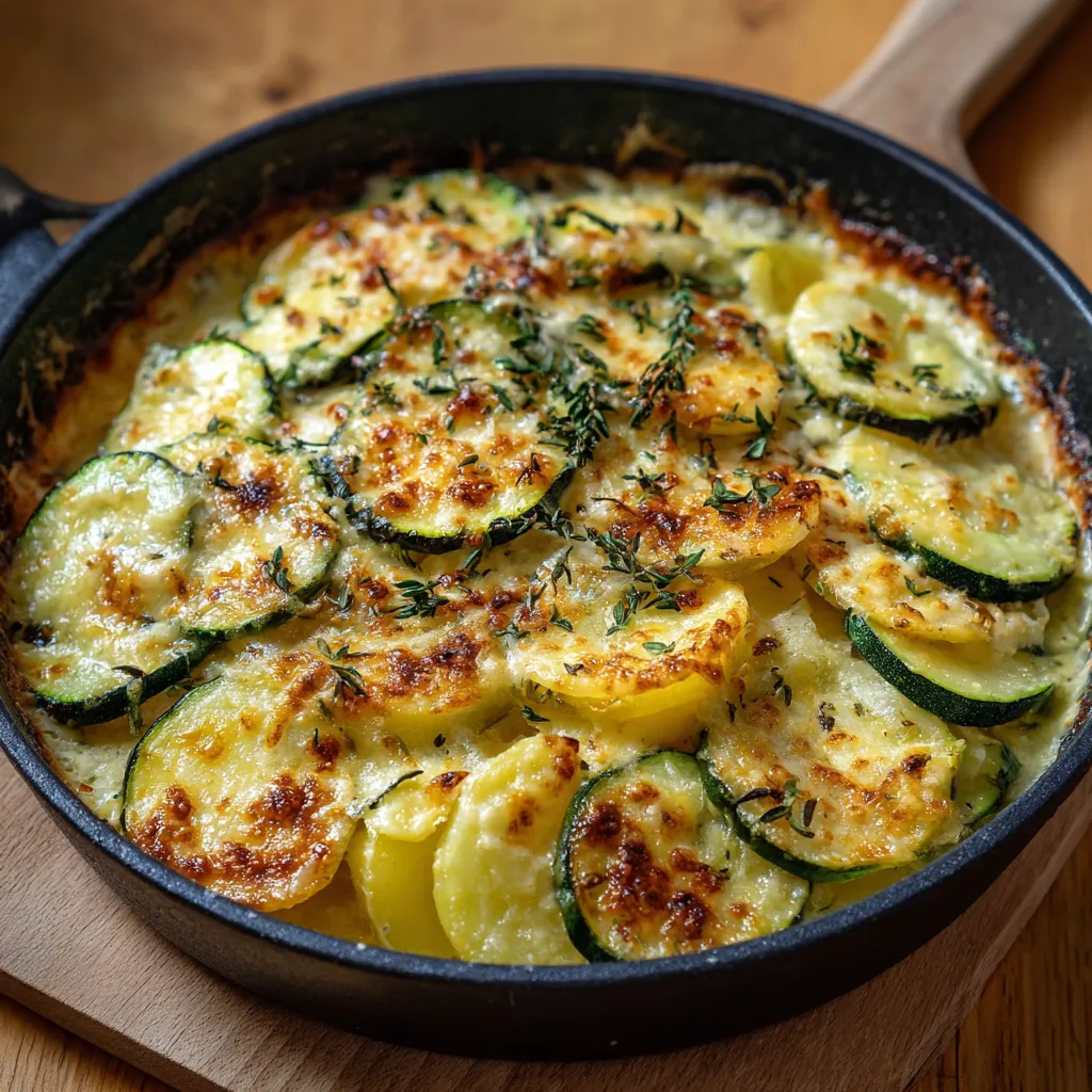 Gratin fondant à la courgette maison doré et crémeux dans un plat à gratin