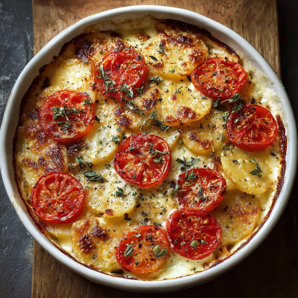 Gratin aux pommes de terre, tomates cerises et mozzarella dans un plat à gratin doré