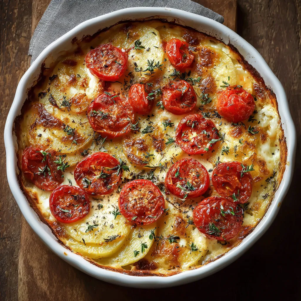 Gratin aux pommes de terre, tomates cerises et mozzarella dans un plat à gratin doré