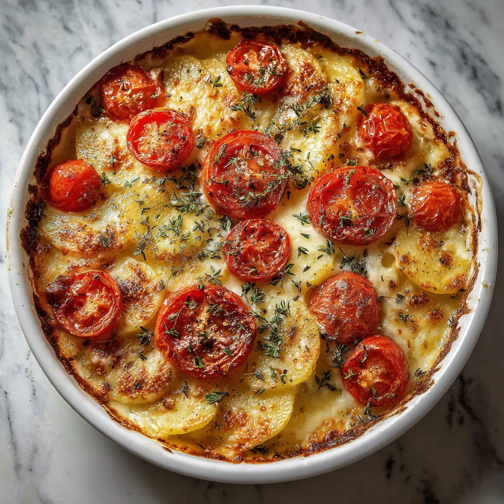Gratin aux pommes de terre, tomates cerises et mozzarella dans un plat à gratin doré