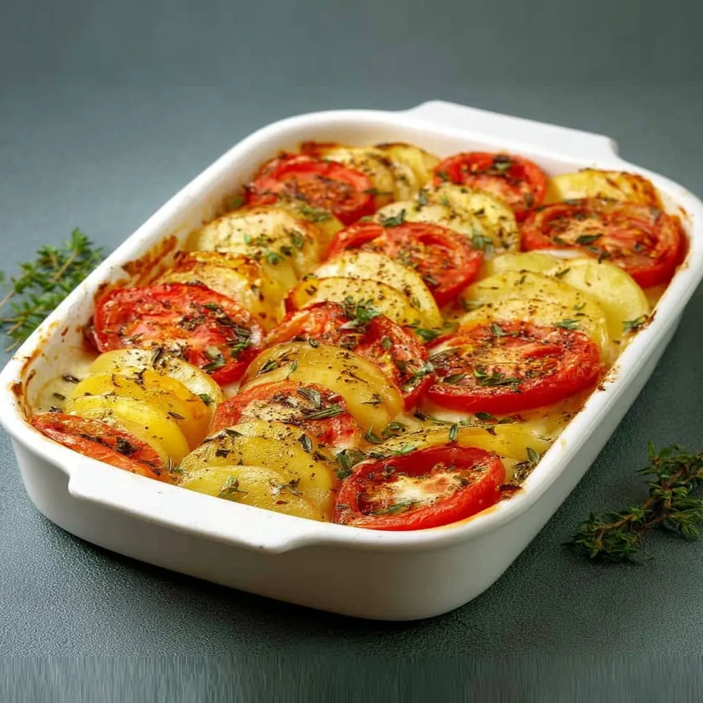 Gratin de tomates et pommes de terre à la mozzarella doré au four