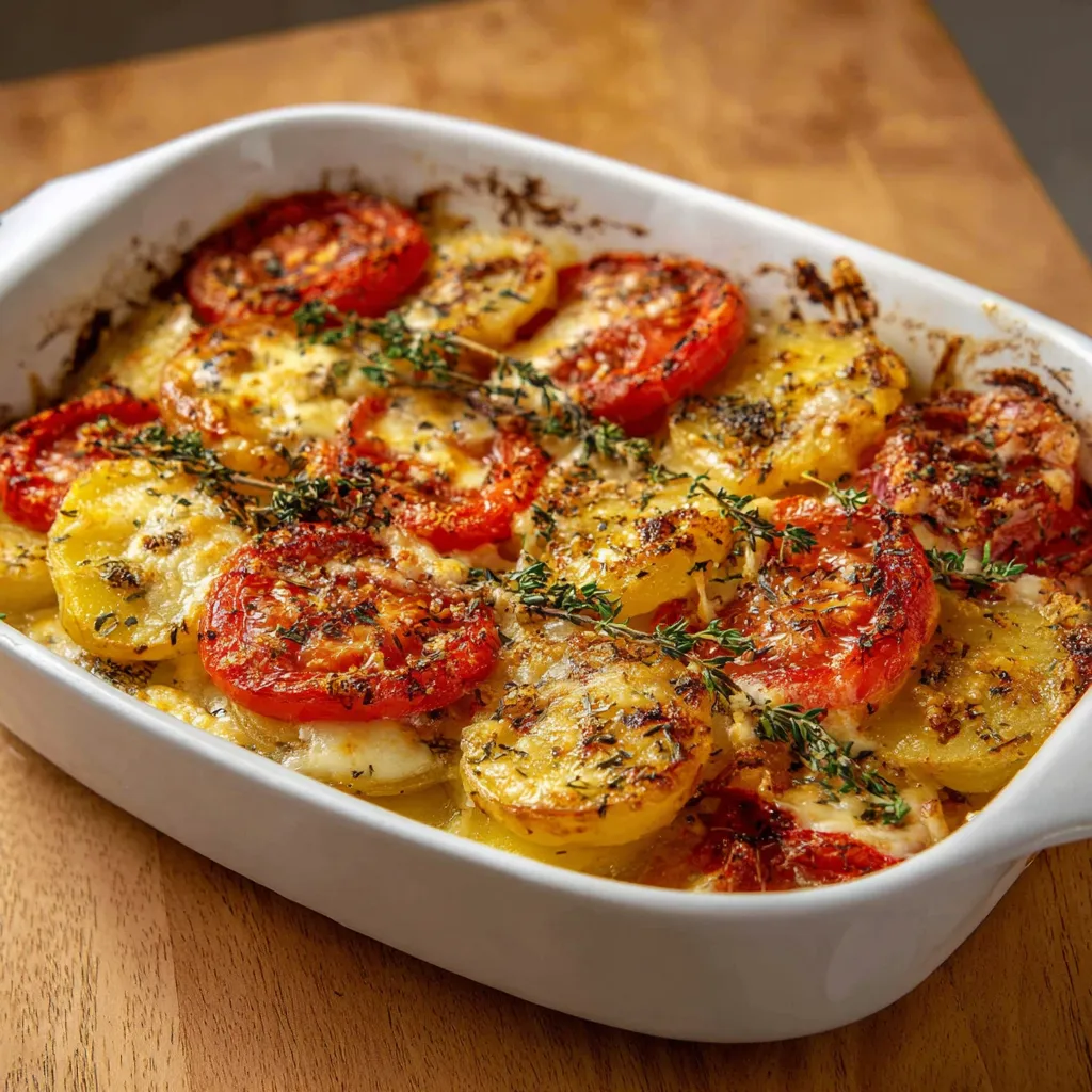 Gratin de tomates et pommes de terre à la mozzarella doré au four