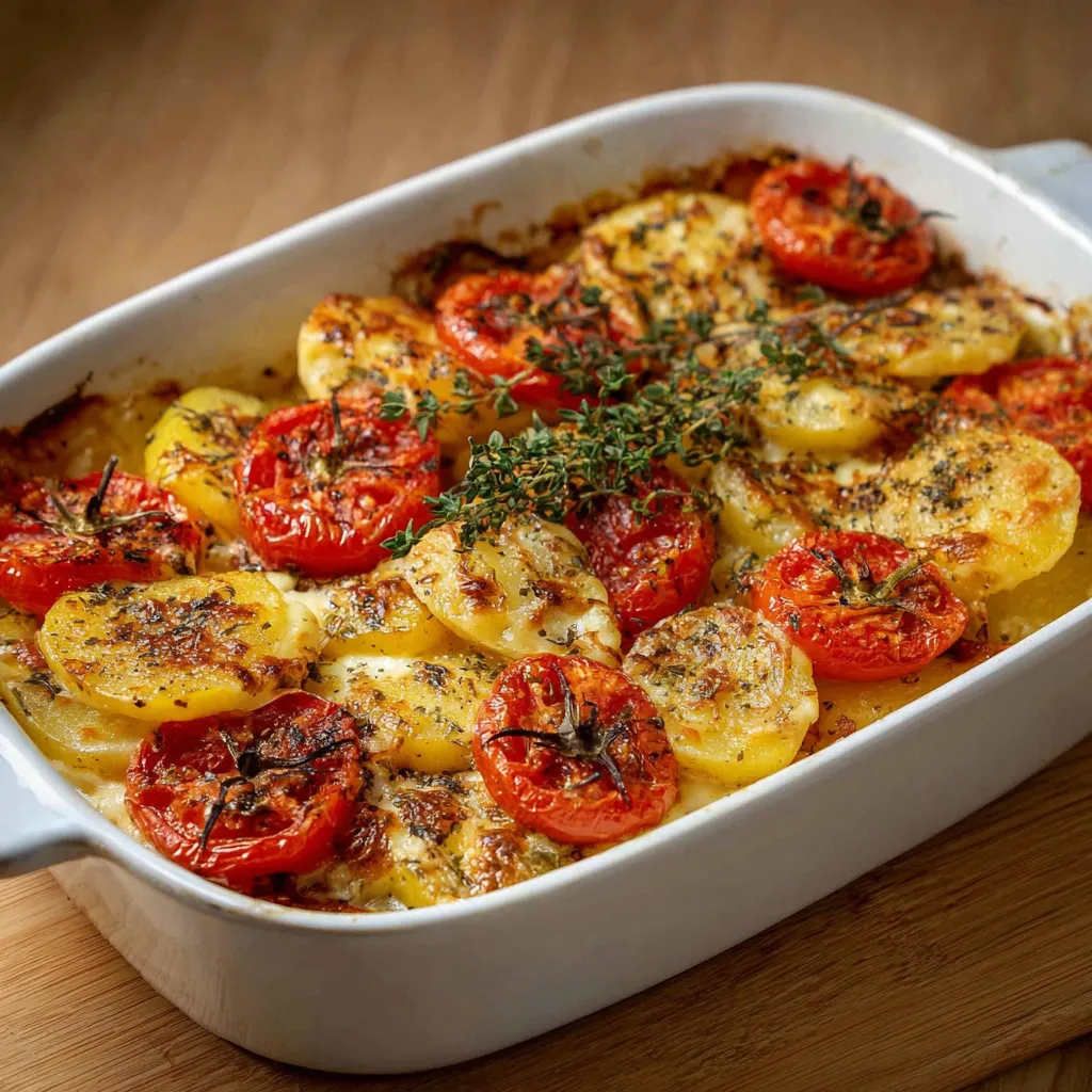 Gratin de tomates et pommes de terre à la mozzarella doré au four