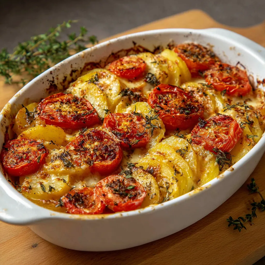 Gratin de tomates et pommes de terre à la mozzarella doré au four