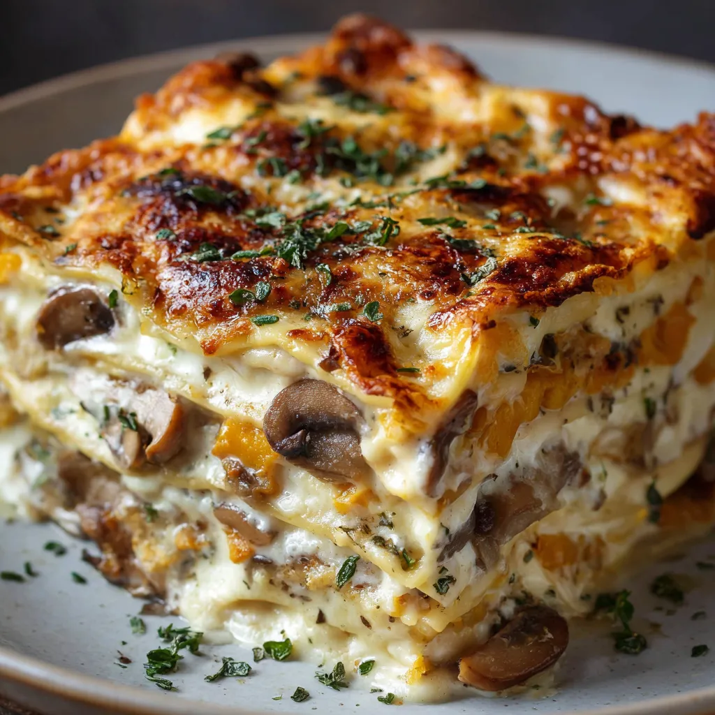 Lasagnes gratinées à la courge butternut et champignons dans un plat en céramique, prêtes à être servies