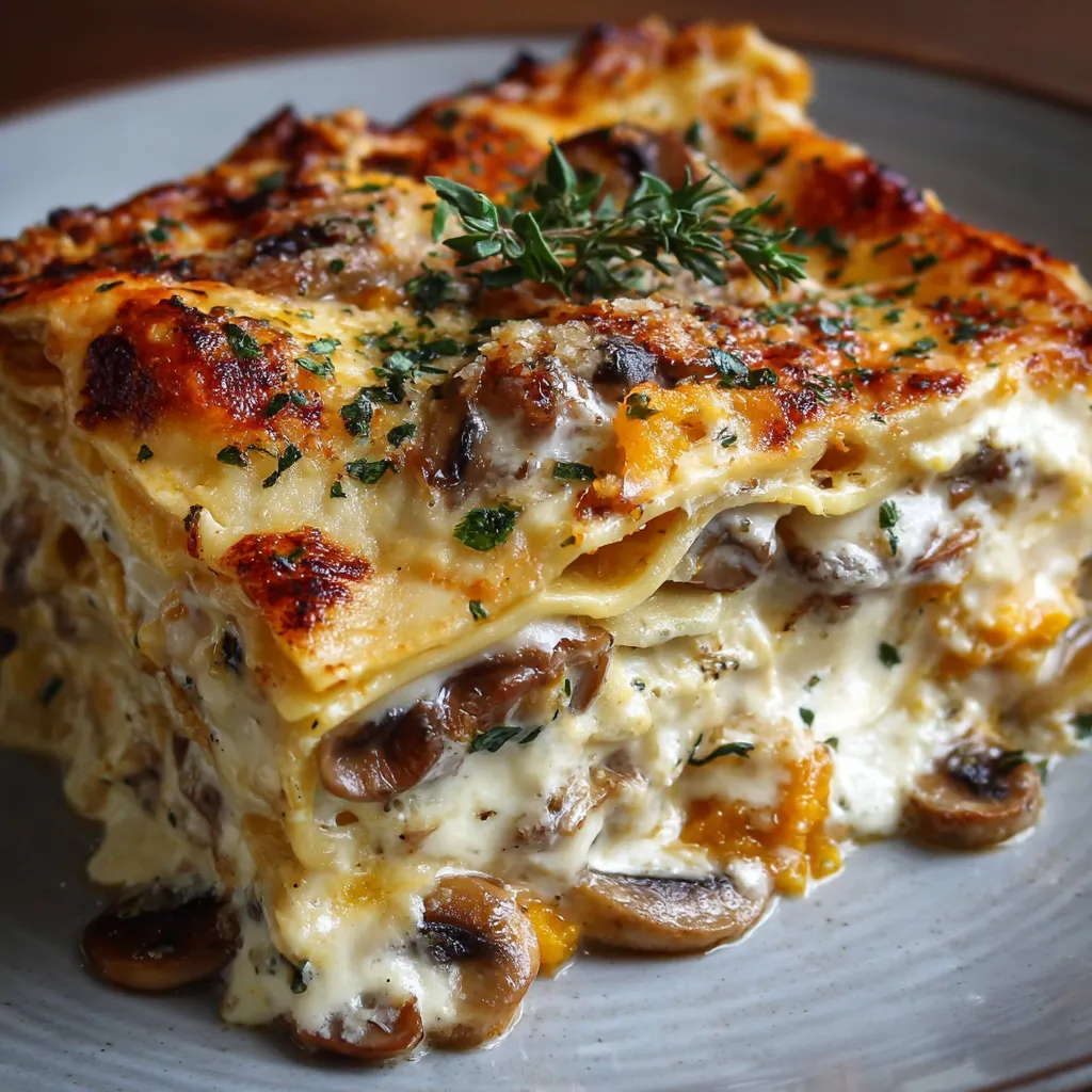 Lasagnes gratinées à la courge butternut et champignons dans un plat en céramique, prêtes à être servies