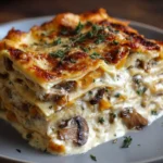 Lasagnes gratinées à la courge butternut et champignons dans un plat en céramique, prêtes à être servies