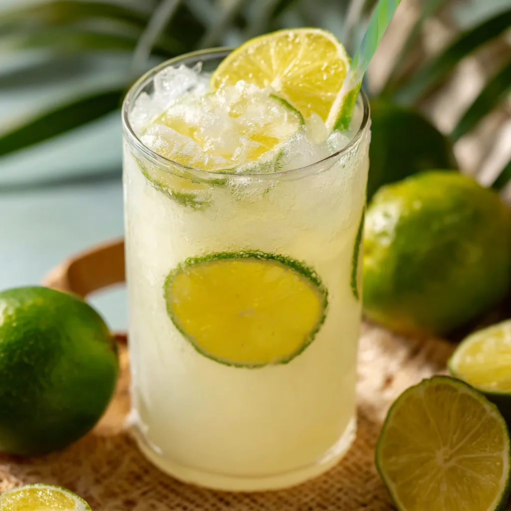 Verres de limonade brésilienne servie avec glaçons, tranches de citron vert et feuilles de menthe