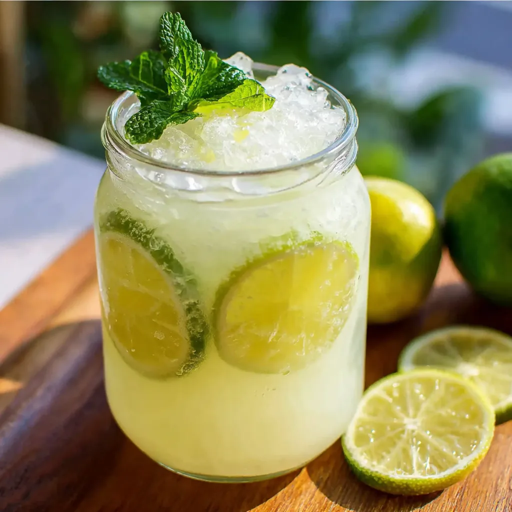 Verres de limonade brésilienne servie avec glaçons, tranches de citron vert et feuilles de menthe
