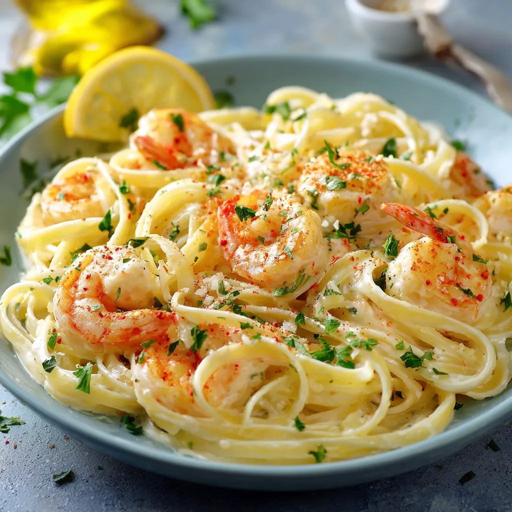 Assiette de linguine aux crevettes nappées de sauce crème citronnée et garnies de persil