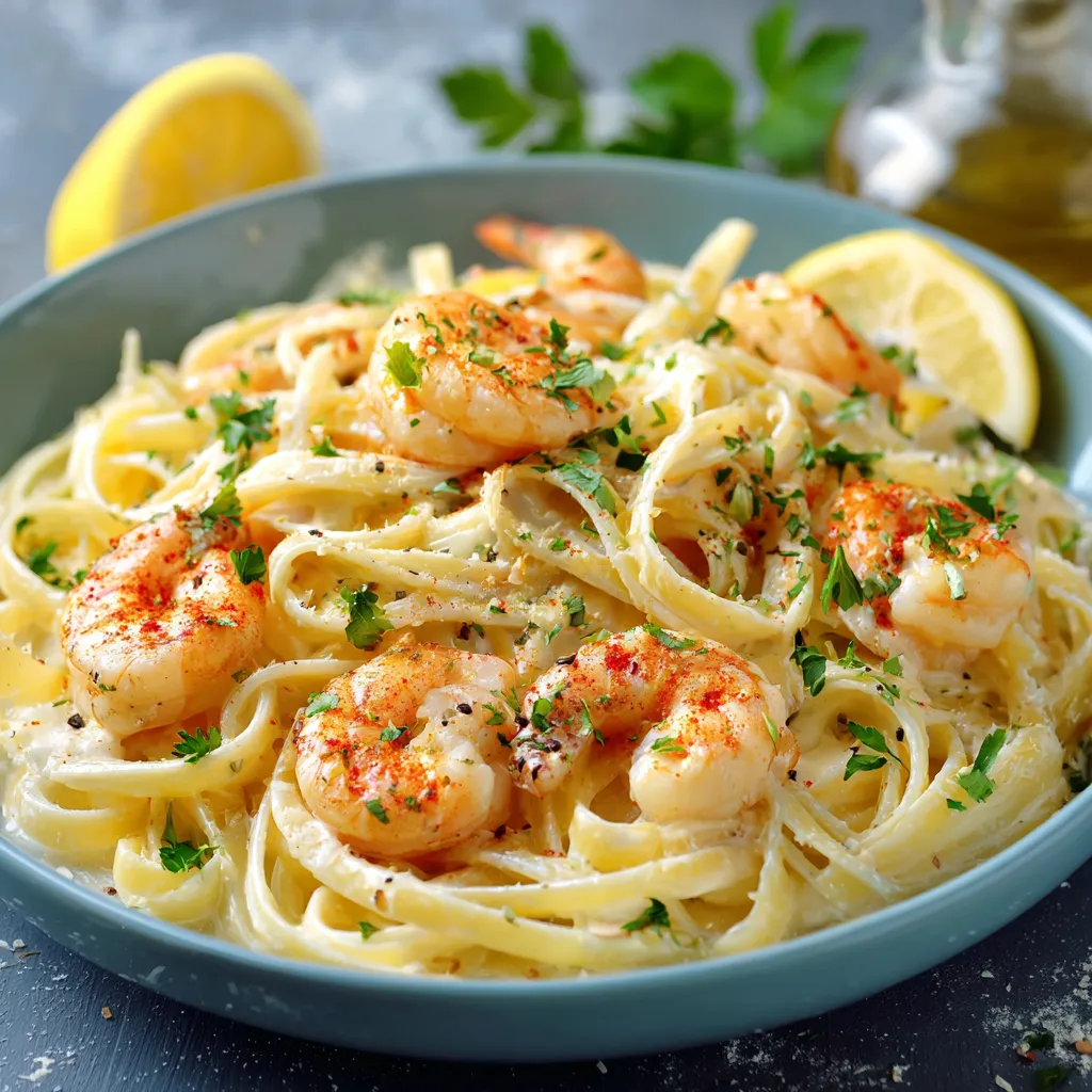 Assiette de linguine aux crevettes nappées de sauce crème citronnée et garnies de persil