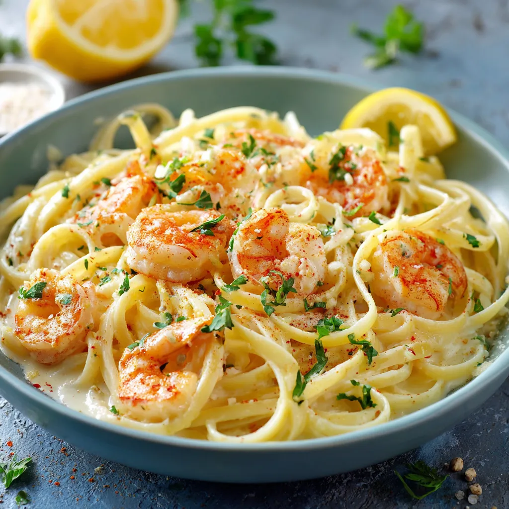 Assiette de linguine aux crevettes nappées de sauce crème citronnée et garnies de persil