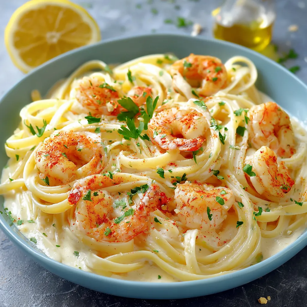 Assiette de linguine aux crevettes nappées de sauce crème citronnée et garnies de persil