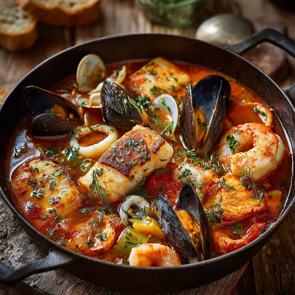 Marmite de la Mer servie dans une cocotte en fonte avec sauce rouille à côté