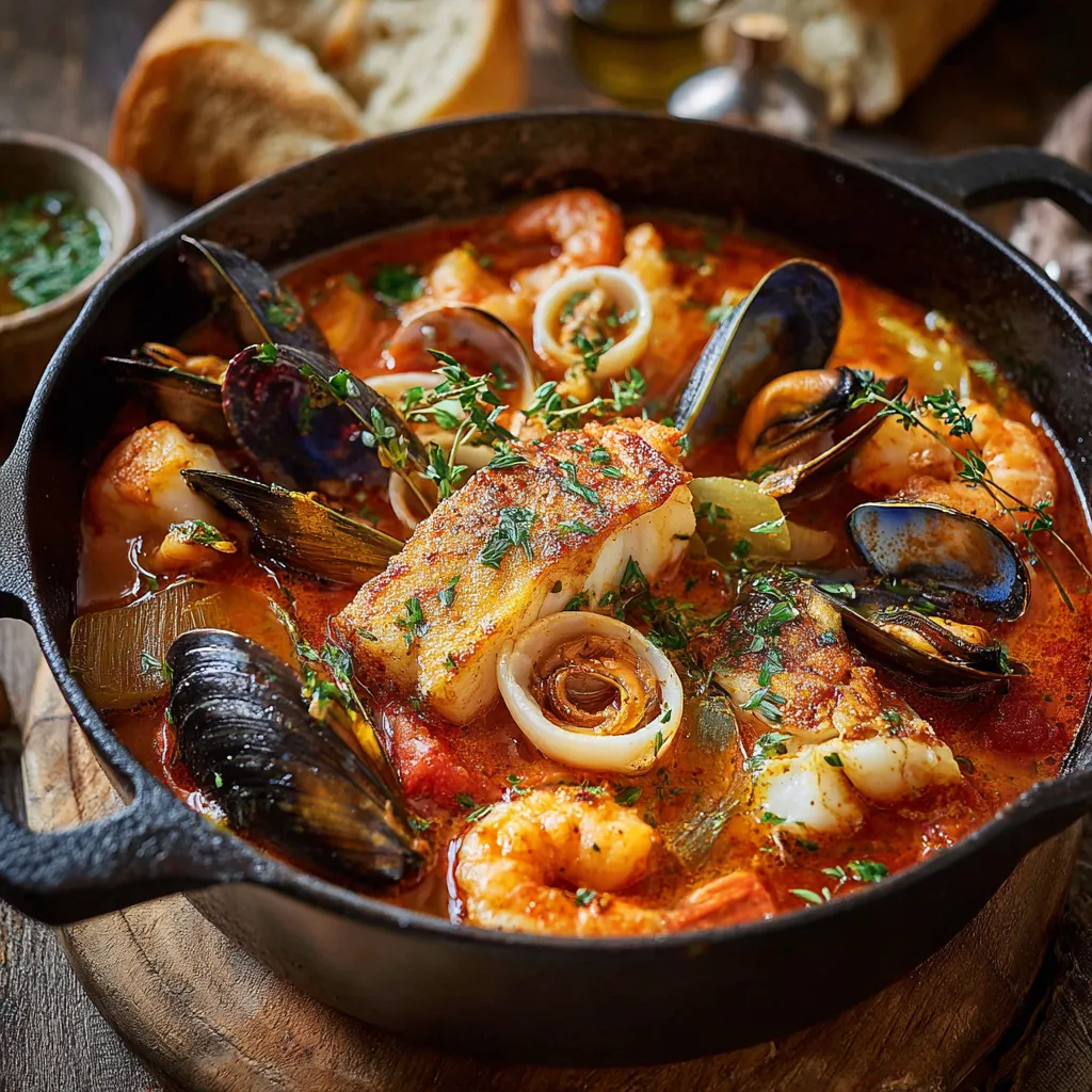 Marmite de la Mer servie dans une cocotte en fonte avec sauce rouille à côté