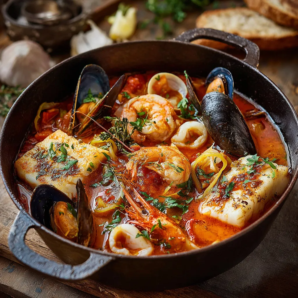Marmite de la Mer servie dans une cocotte en fonte avec sauce rouille à côté