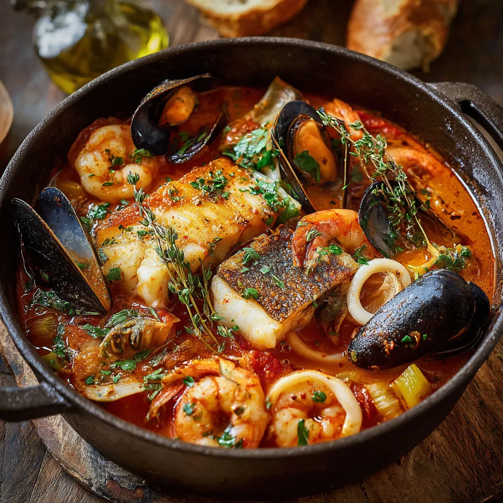 Marmite de la Mer servie dans une cocotte en fonte avec sauce rouille à côté