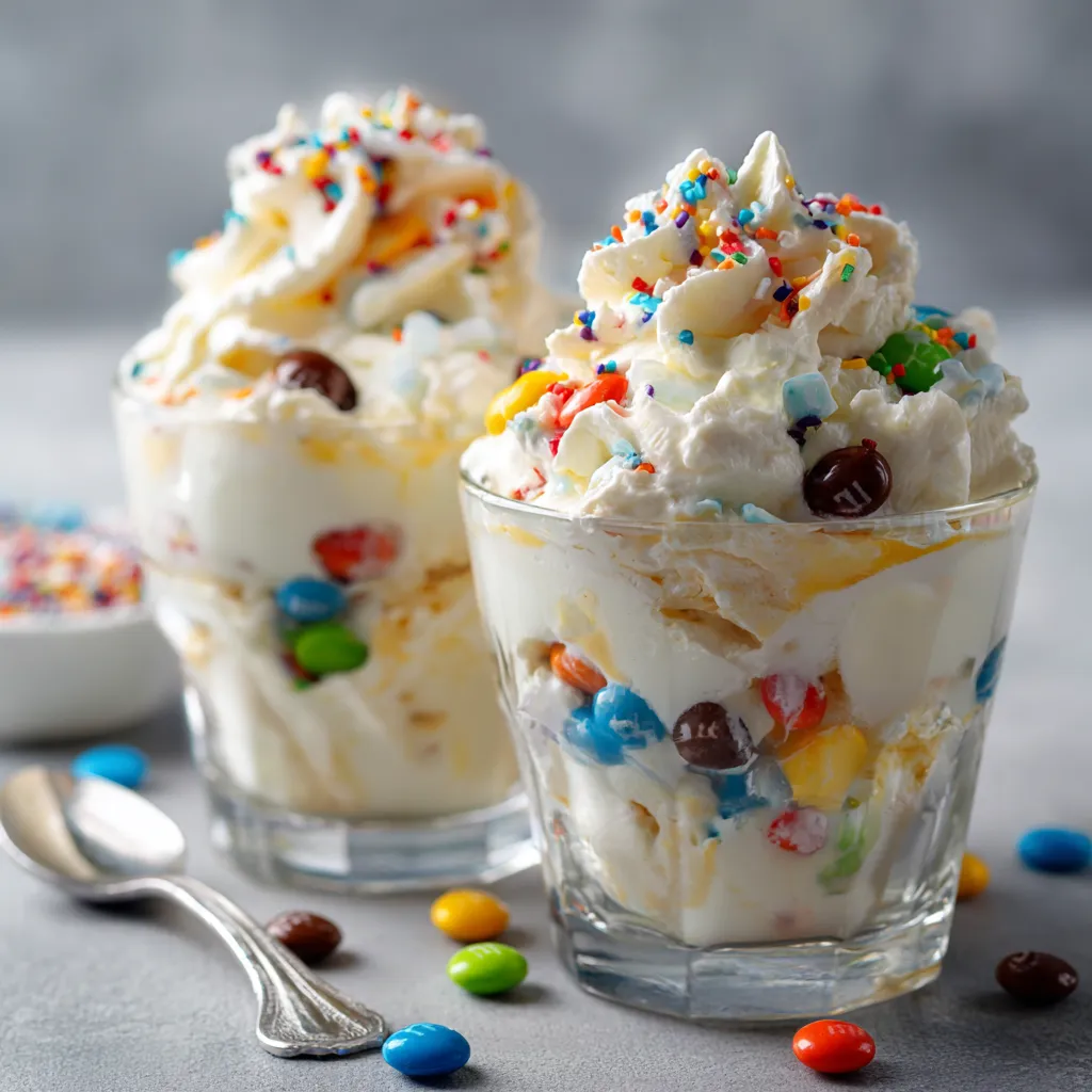 Bol de McFlurry maison crémeux garni de M&M’s colorés dans un ramequin blanc.