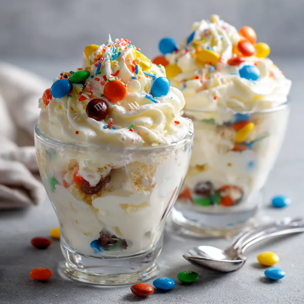 Bol de McFlurry maison crémeux garni de M&M’s colorés dans un ramequin blanc.