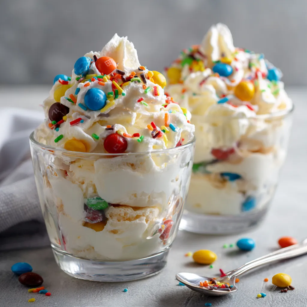Bol de McFlurry maison crémeux garni de M&M’s colorés dans un ramequin blanc.