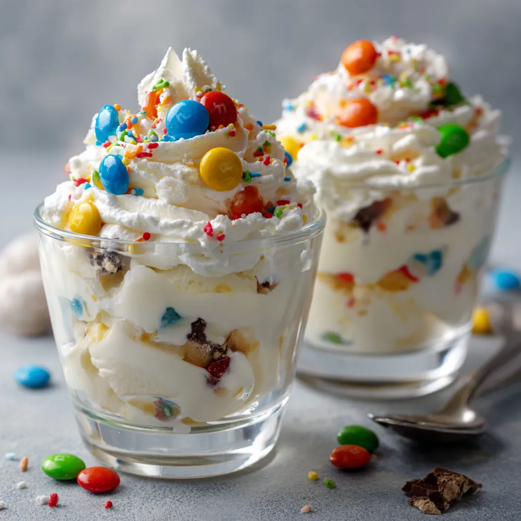 Bol de McFlurry maison crémeux garni de M&M’s colorés dans un ramequin blanc.