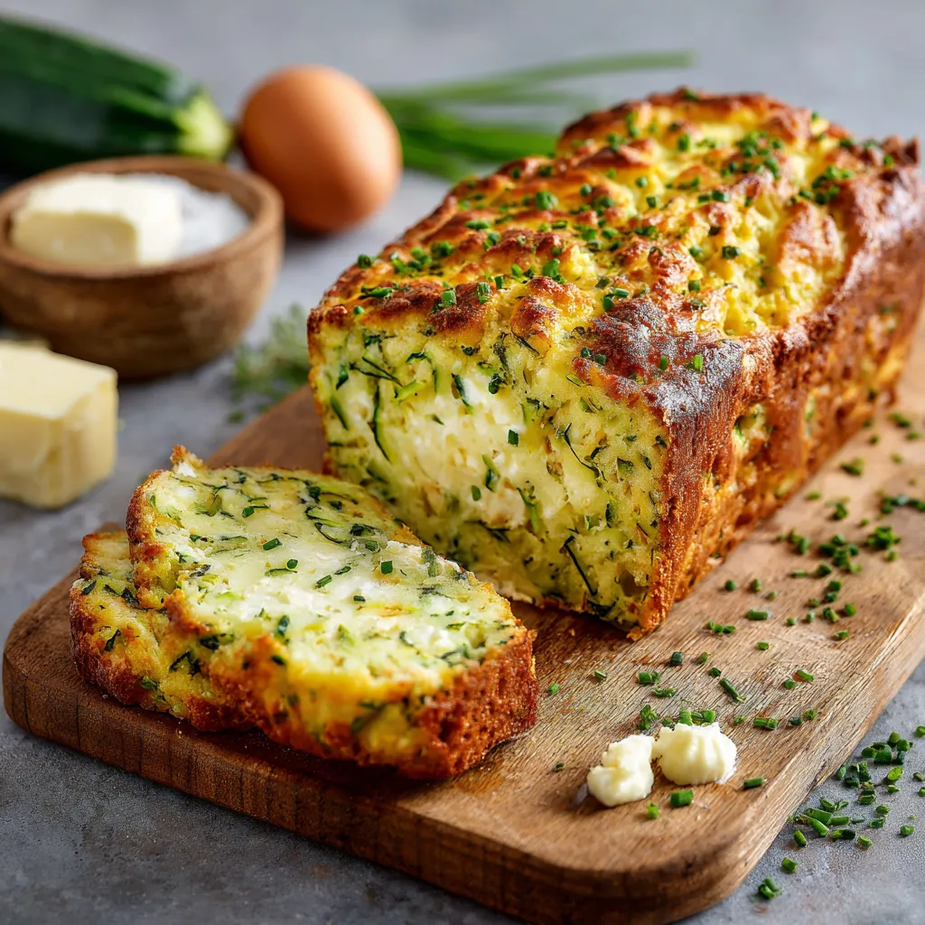 moelleux au chèvre et à la courgette doré et tranché sur planche en bois