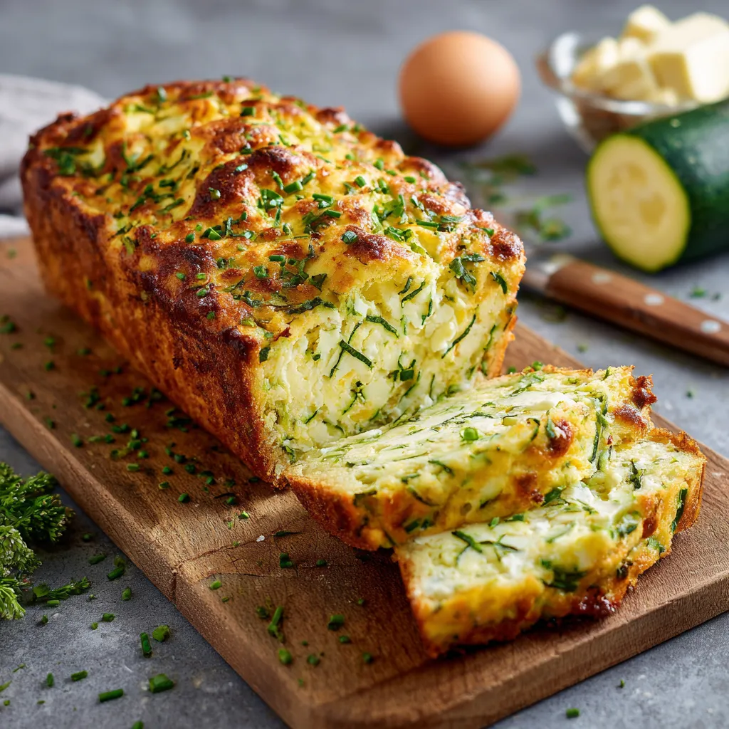 moelleux au chèvre et à la courgette doré et tranché sur planche en bois