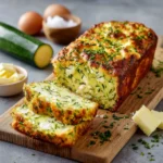 moelleux au chèvre et à la courgette doré et tranché sur planche en bois