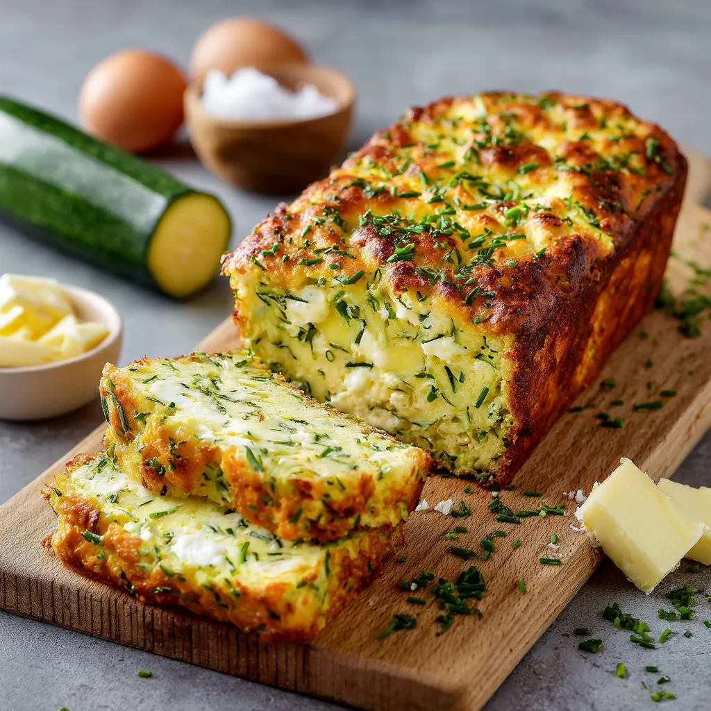 moelleux au chèvre et à la courgette doré et tranché sur planche en bois