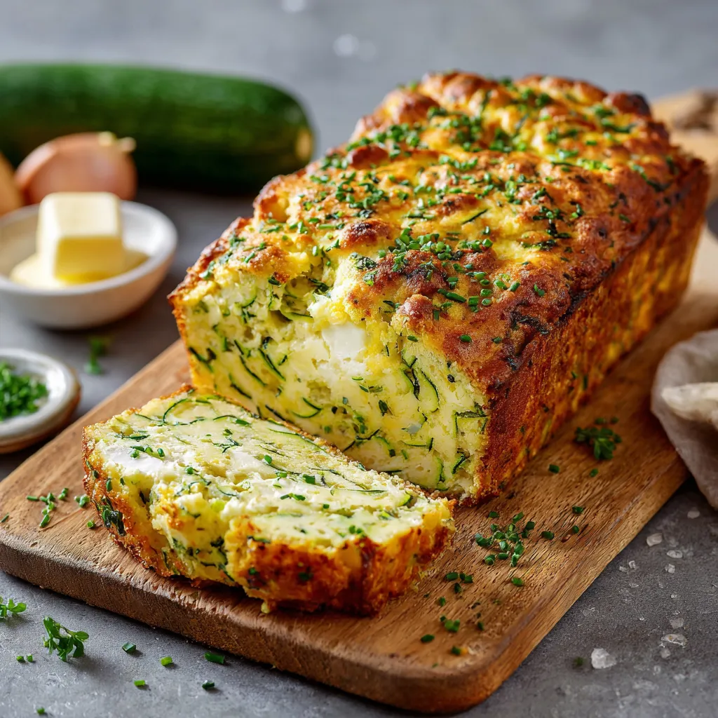 moelleux au chèvre et à la courgette doré et tranché sur planche en bois