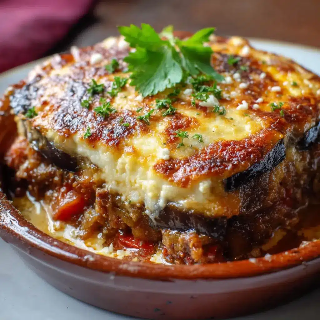 Moussaka méditerranéenne revisitée servie dans un plat à gratin doré