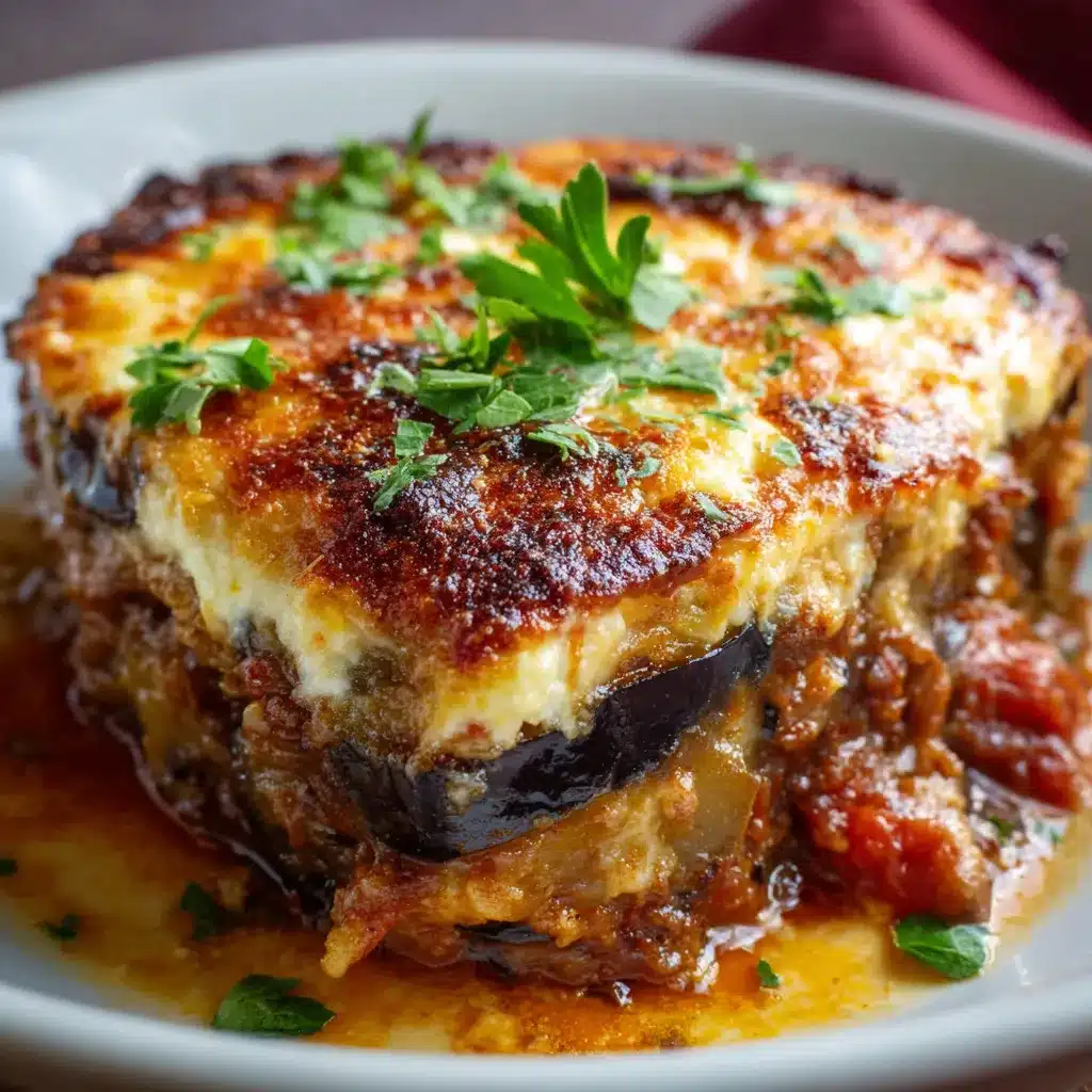 Moussaka méditerranéenne revisitée servie dans un plat à gratin doré