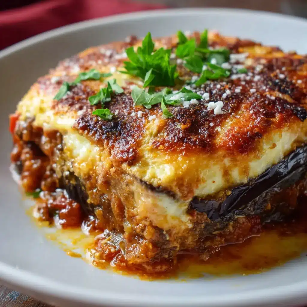 Moussaka méditerranéenne revisitée servie dans un plat à gratin doré