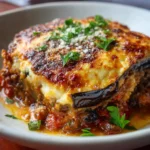 Moussaka méditerranéenne revisitée servie dans un plat à gratin doré