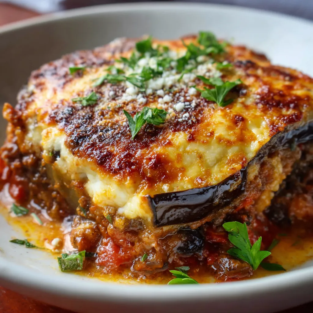 Moussaka méditerranéenne revisitée servie dans un plat à gratin doré