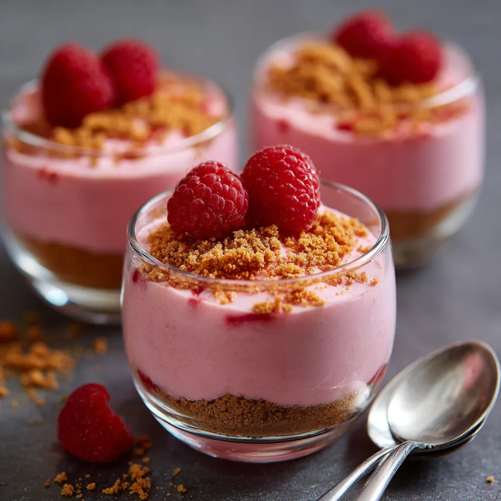 Mousse framboise-spéculoos dans une verrine, décorée de miettes de spéculoos et d’une framboise fraîche