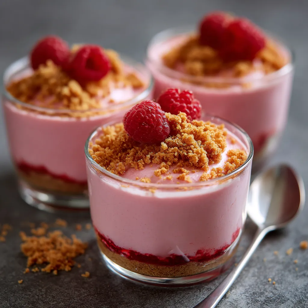 Mousse framboise-spéculoos dans une verrine, décorée de miettes de spéculoos et d’une framboise fraîche