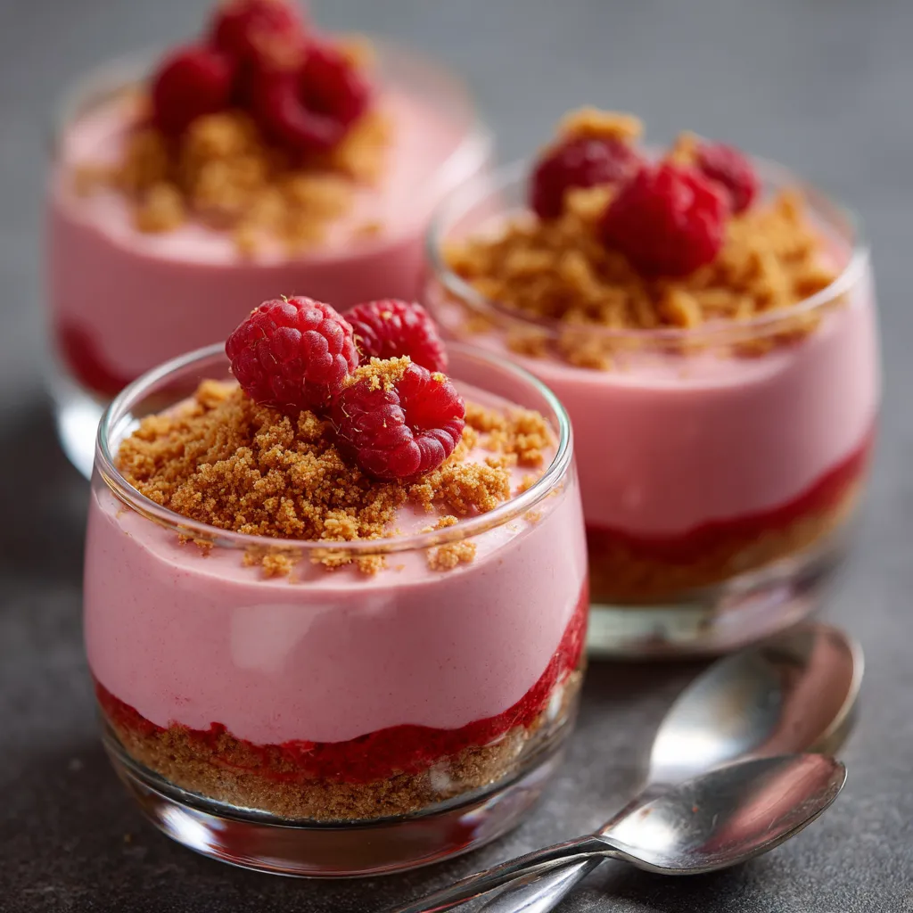 Mousse framboise-spéculoos dans une verrine, décorée de miettes de spéculoos et d’une framboise fraîche