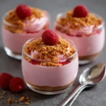 Mousse framboise-spéculoos dans une verrine, décorée de miettes de spéculoos et d’une framboise fraîche