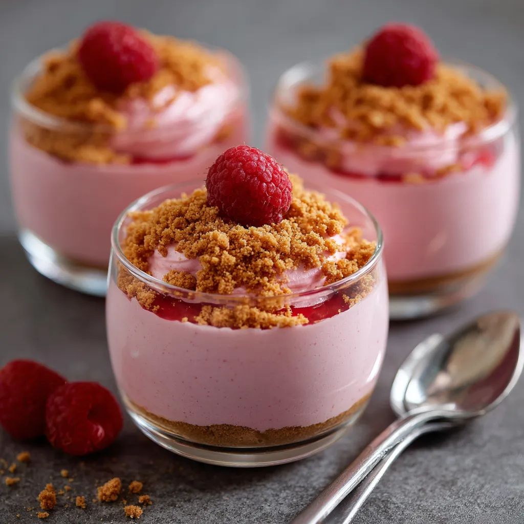 Mousse framboise-spéculoos dans une verrine, décorée de miettes de spéculoos et d’une framboise fraîche