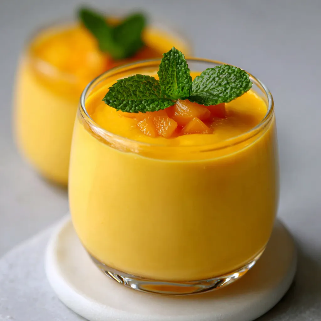 Mousse à la mangue servida en verrines con decoración de mango fresco y crema batida
