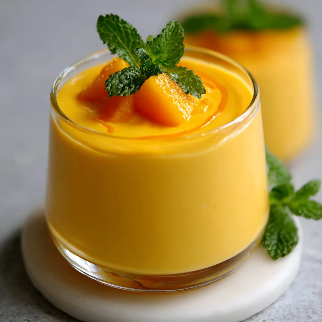 Mousse à la mangue servida en verrines con decoración de mango fresco y crema batida