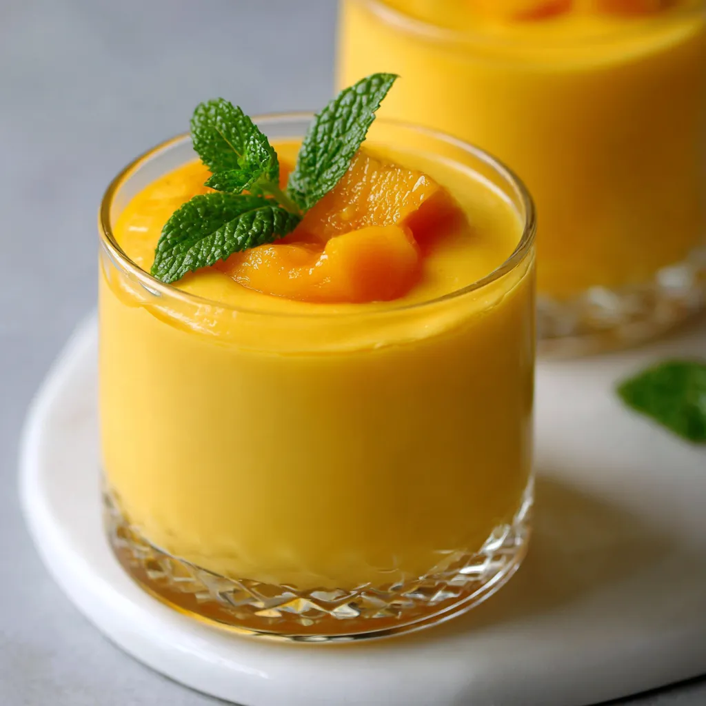 Mousse à la mangue servida en verrines con decoración de mango fresco y crema batida