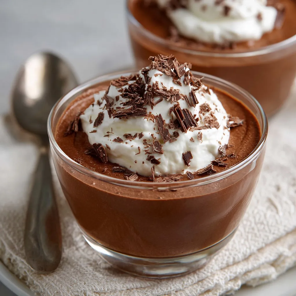 Mousse au chocolat onctueuse servie en verrine, décorée de chantilly et copeaux de chocolat.