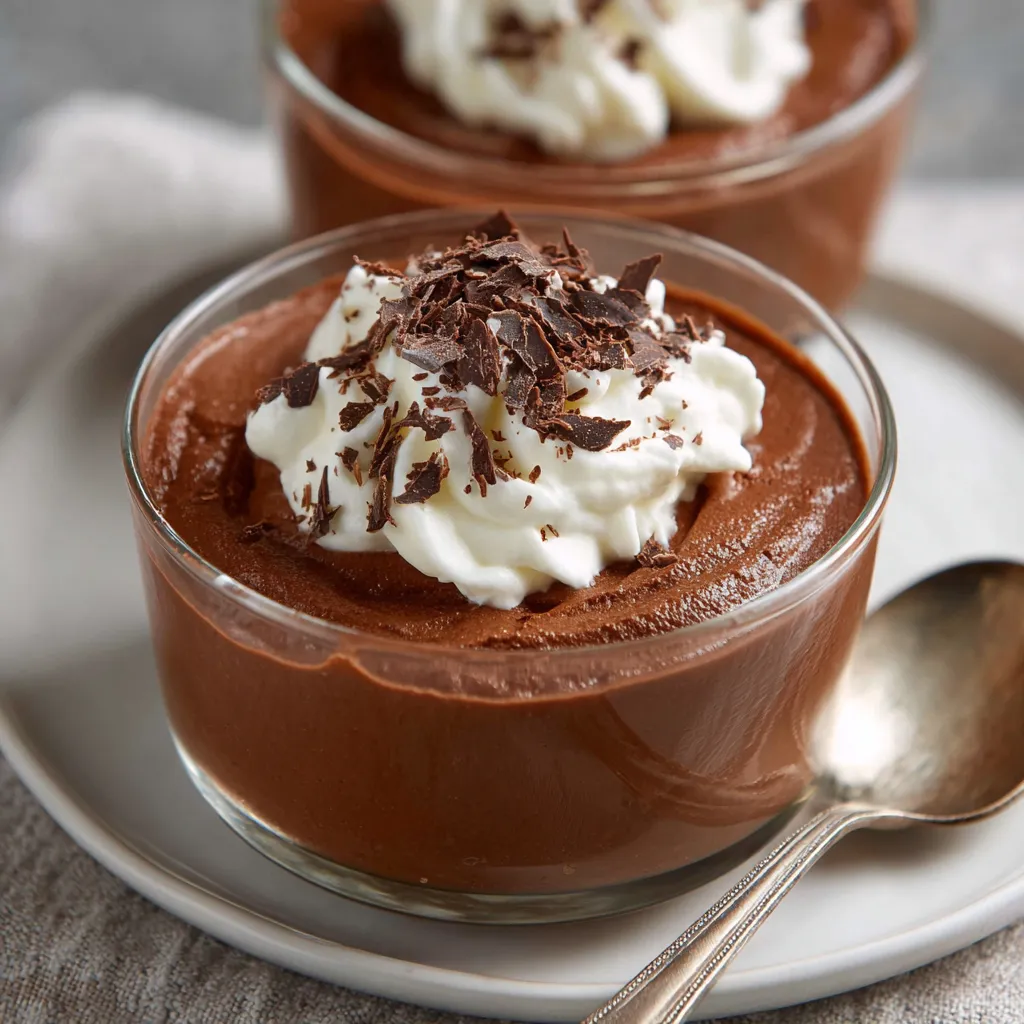 Mousse au chocolat onctueuse servie en verrine, décorée de chantilly et copeaux de chocolat.