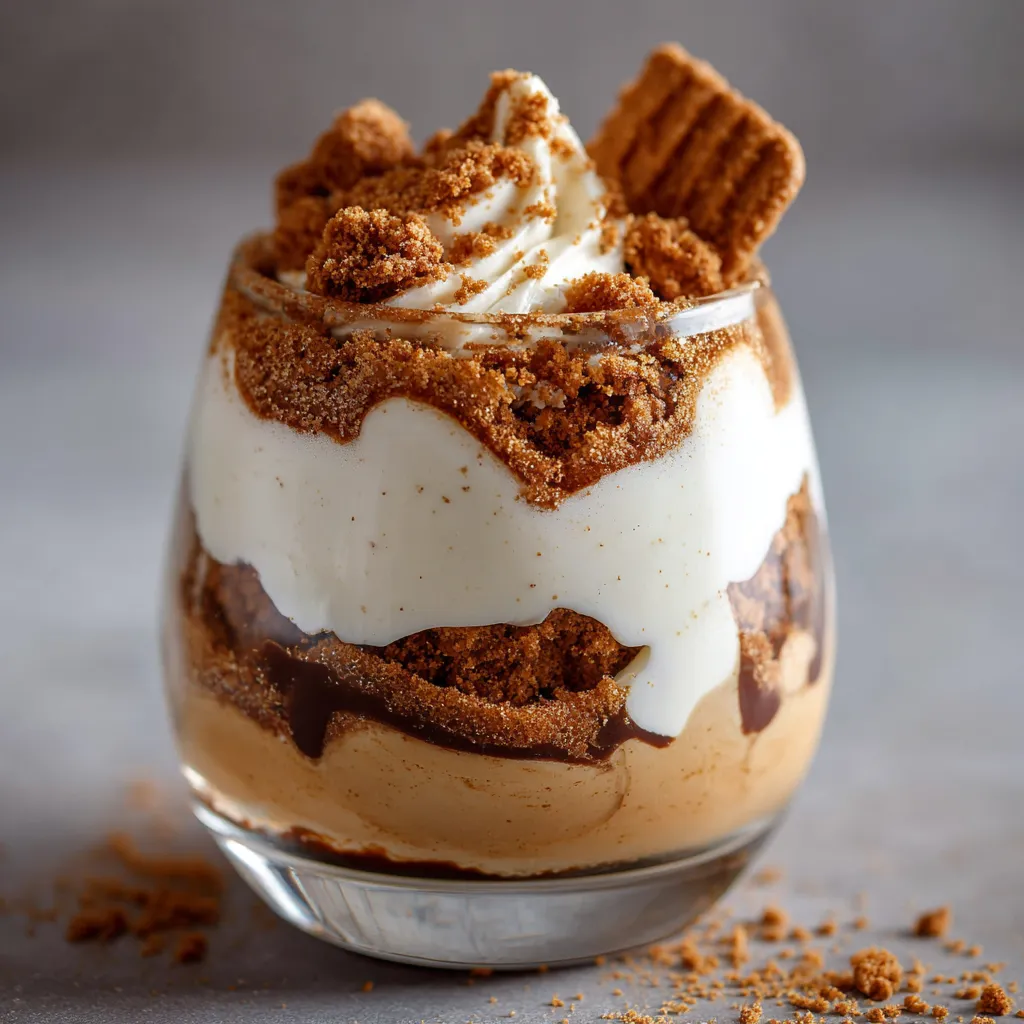 Mousse aux spéculoos servie en verrine avec morceaux de biscuits en décoration